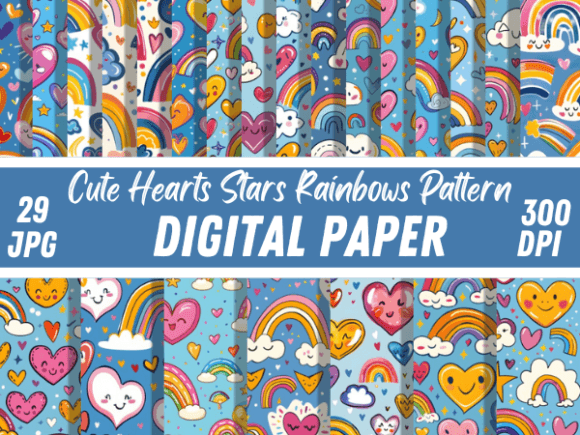 Cute Kawaii Hearts Stars Rainbow Pattern Illustration Modèles de Papier Par Creative River