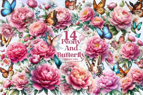Peony and Butterfly Clipart PNG Graphics Graphic Illustrations By VictoryHome