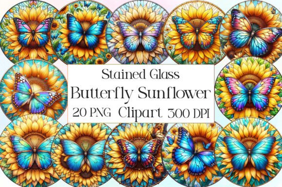 Stained Glass Butterfly Sunflower Gráfico Ilustraciones Imprimibles Por CraftArtStudio