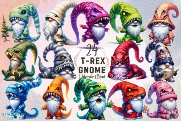 T-Rex Gnome Watercolor Clipart Graphic AI Transparent PNGs By Vera Craft