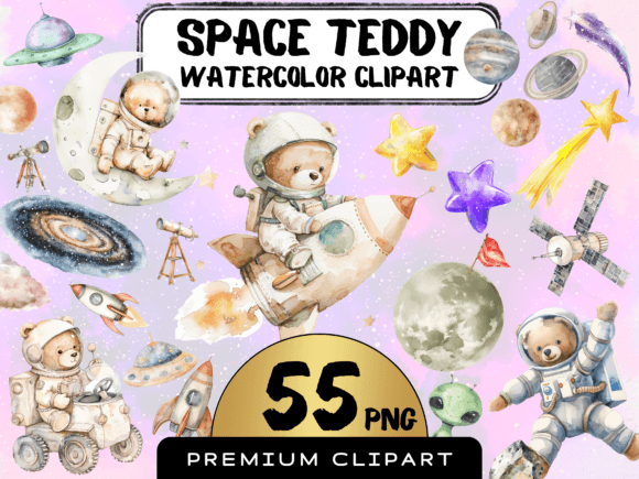 Watercolor Astronaut Teddy Bear Clipart Graphic Illustrations By MokoDE