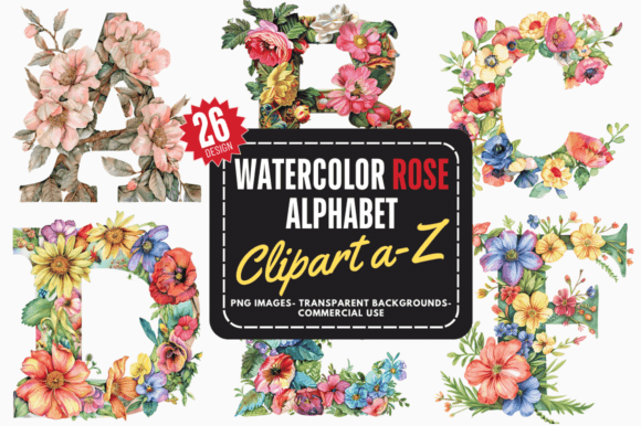 Watercolor Rose Alphabet Clipart a-Z Bu Gráfico Ilustraciones Imprimibles Por Cut File