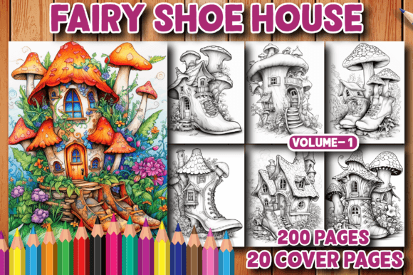 200 Fairy Shoe House Coloring Pages V-1 Illustration Pages et livres de coloriage pour adultes Par MN DeSign
