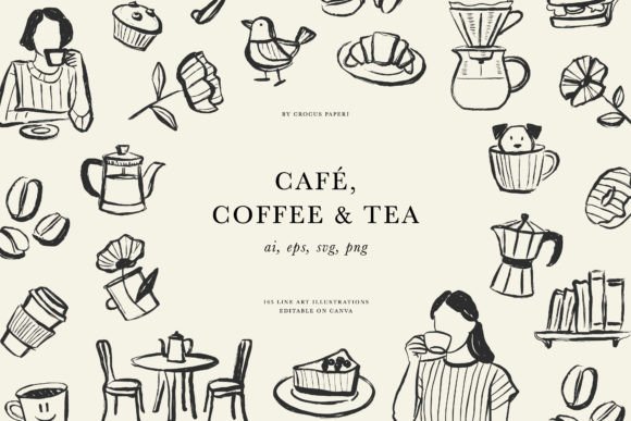 CAFÉ COFFEE TEA Line Art Illustrations Graphic Illustrations By crocus.paperi