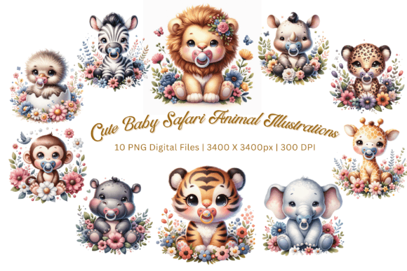 Cute Baby Safari Animals Floral Clipart Illustration Illustrations Imprimables Par Lux Dream Designs