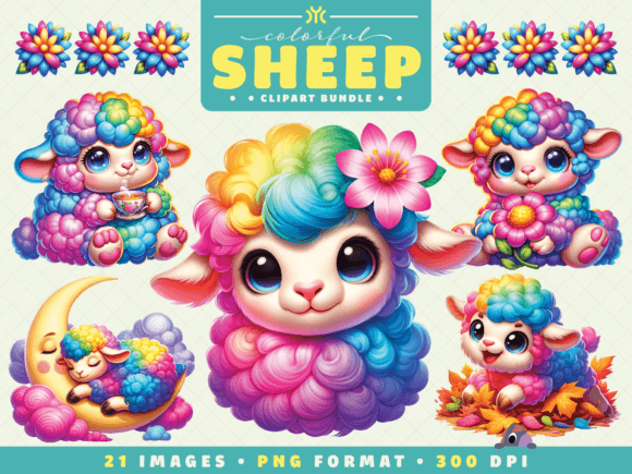 Cute Colorful Sheep Clipart Graphic Illustrations By ymckdesignstudio