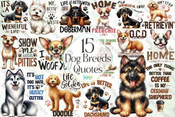 Cute Dog Breeds Quotes Sublimation Illustration Illustrations Imprimables Par JaneCreative