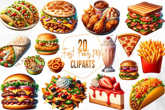 Delicious Fast Foods Watercolor Clipart Grafik Druckbare Illustrationen Von Aspect_Studio