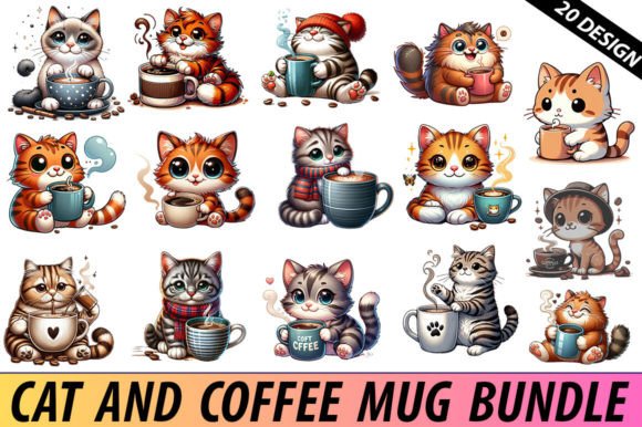 Funny Cat and Coffee Mug Clipart Bundle Graphic Crafts By SVG Print design