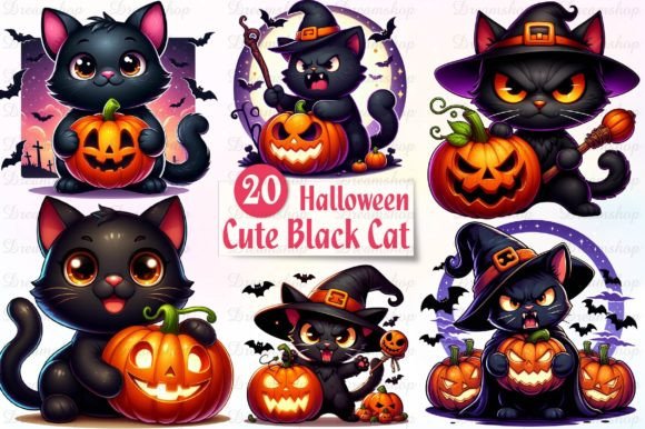 Halloween Black Cat with Pumpkin Clipart Graphic Illustrations By Dreamshop