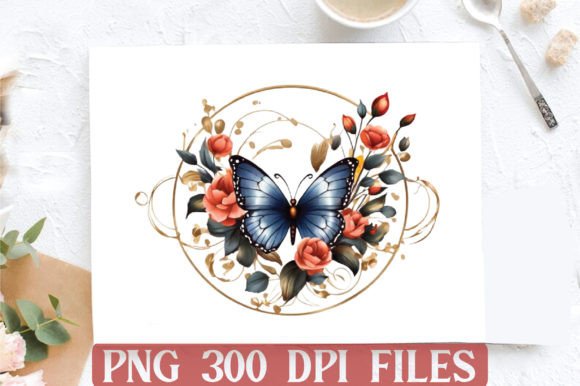 Round Gilter Flower Butterfly Clipart Su Grafik Druckbare Illustrationen Von DESIGN STORE