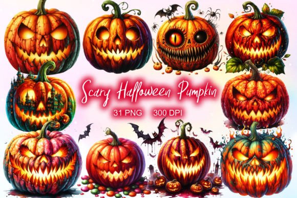 Scary Halloween Pumpkin Clipart Grafika Ilustracje do Druku Przez LiustoreCraft