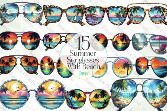 Summer Sunglasses with Beach Sublimation Grafik Druckbare Illustrationen Von JaneCreative