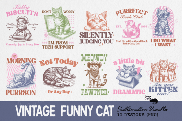 Vintage Funny Cat Sublimation Bundle Gráfico Manualidades Por Lazy Cat
