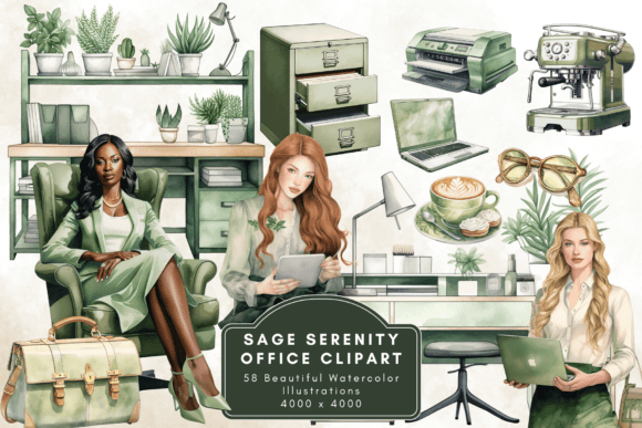Watercolor Sage Green Office Clipart Grafica Illustrazioni Stampabili Di Enchanted Marketing Imagery