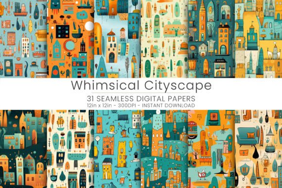 Whimsical Cityscape Seamless Patterns Graphic Patterns By Mehtap