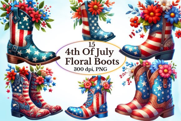 4th of July Floral Boots Clipart Graphic Illustrations By craftvillage