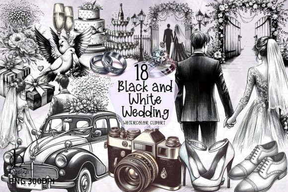 Black and White Wedding Clipart PNG Gráfico Ilustraciones Imprimibles Por LQ Design