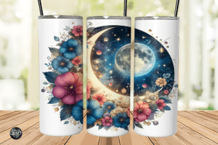 Celestial Moon Flowers Tumbler Wrap 20oz Graphic Tumbler Wraps By LazyCraftlab 2