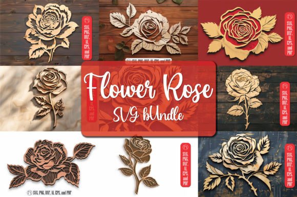Laser Cut Wood Flower Rose SVG Bundle Gráfico SVG 3D Por NGISED