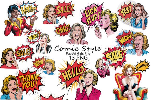 Retro Comic Style Pop Art Girls PNG Graphic Illustrations By Dreamy Art
