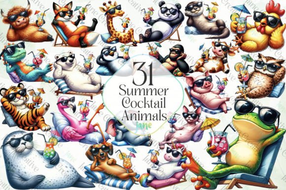 Summer Cocktail and Animals Sublimation Grafik Druckbare Illustrationen Von JaneCreative