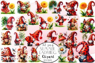 Summer Gnome Ladybug Clipart, Cute Elves Gráfico Ilustraciones Imprimibles Por ElenaZlataArt 1