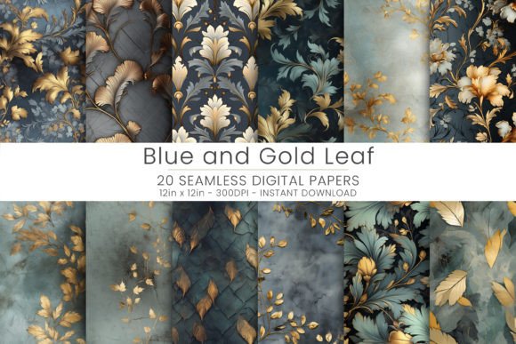 Blue and Gold Leaf Pattern Seamless Graphic Textures By Mehtap
