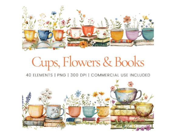 Cups, Flowers & Books Clipart Gráfico PNG transparentes AI Por Ikota Design