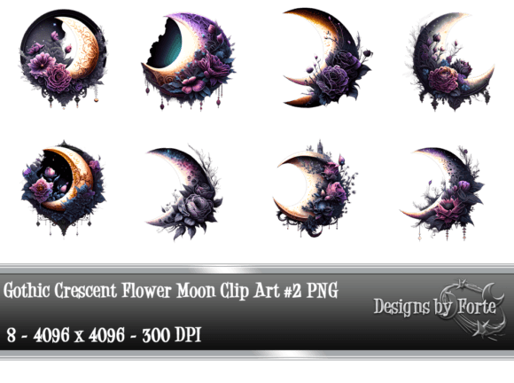 Gothic Crescent Flower Moon Clip Art #2 Graphic AI Transparent PNGs By Heidi Vargas-Smith