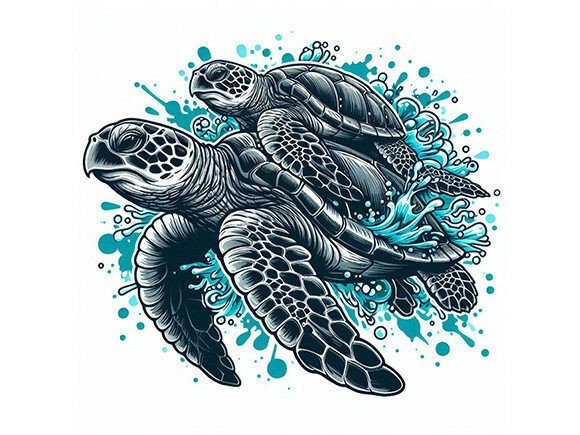 Ocean Turtle with Water Splashes Graphic Illustrations By ARTNEST
