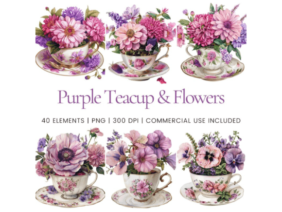 Purple Teacup & Flowers Clipart Grafika Przezroczyste pliki PNG AI Przez Ikota Design