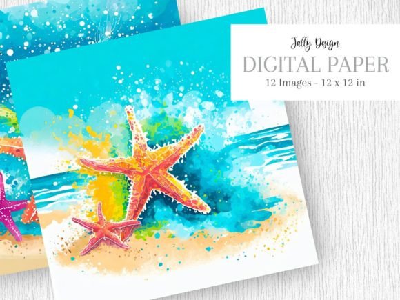Starfish on the Beach & Paint Splashes Graphic Illustrations By jallydesign
