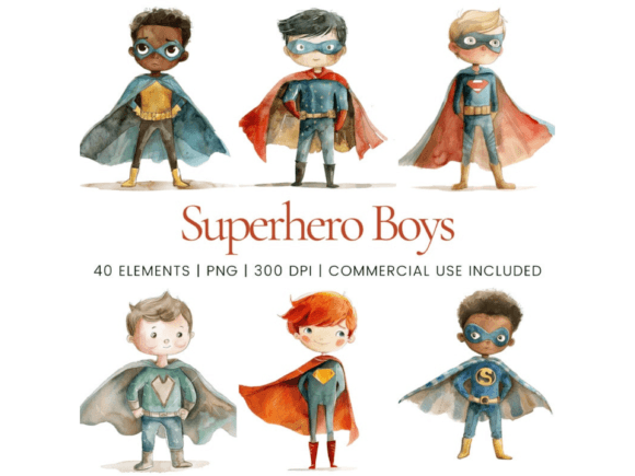Superhero Boy Watercolor Clipart Bundle Illustration PNG transparents AI Par Ikota Design