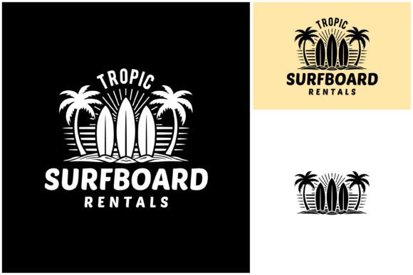 Surfboard Palm Tree Sun Beach Surf Logo Gráfico Logotipos Por Enola99d