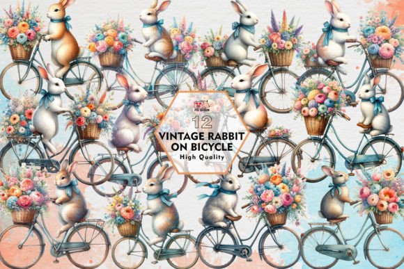 Vintage Rabbit on Bicycle Clipart PNG Graphic Illustrations By PIG.design