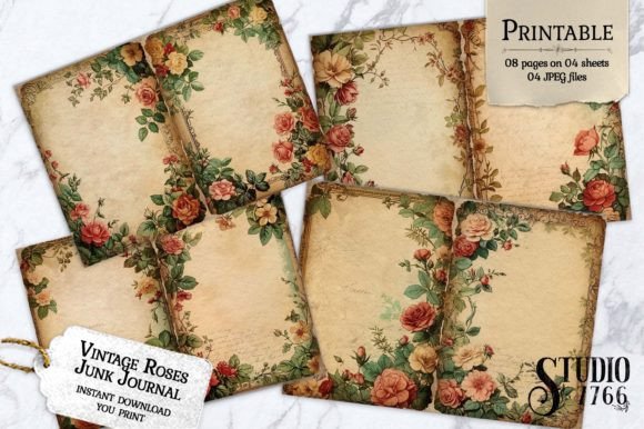 Vintage Roses Junk Journal Pages Graphic Print Templates By Studio 7766
