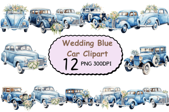 Watercolor Wedding Blue Car Clipart Grafik Druckbare Illustrationen Von CreativeDesign