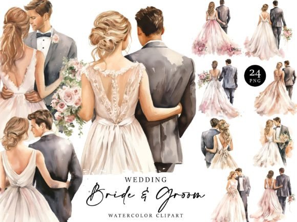 Wedding Bride and Groom Back Clipart Grafika Ilustracje do Druku Przez DesignScotch