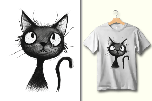 Whimsical Sketch PNG - Curious Black CAT Graphic T-shirt Designs By Canvas Elegance