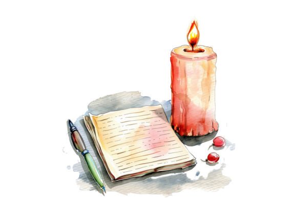 Open Note with Pen and Candle Clipart Graphic AI Transparent PNGs By Nayem Khan