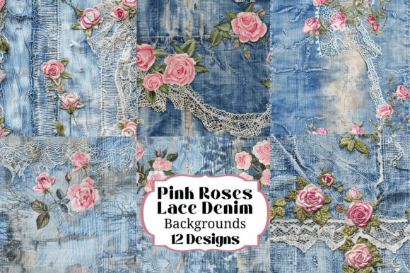 12 Pink Roses Lace & Denim Seamless Graphic Backgrounds By Laura Beth Love