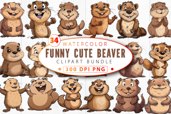 Funny Cute Beaver Clipart Bundle Gráfico Artesanato Por STCrafts