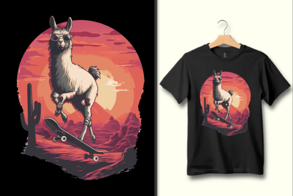 Skateboarding Llama Sunset PNG Artwork Graphic T-shirt Designs By Canvas Elegance
