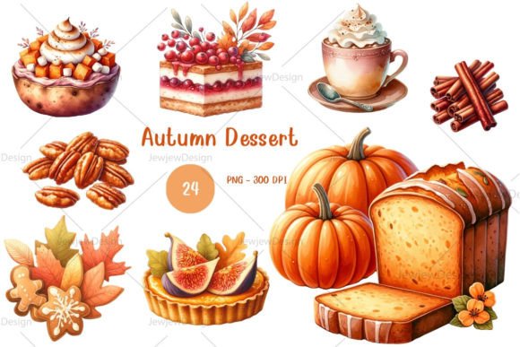 Watercolor Autumn Dessert Clipart Graphic Illustrations By JewjewDesign
