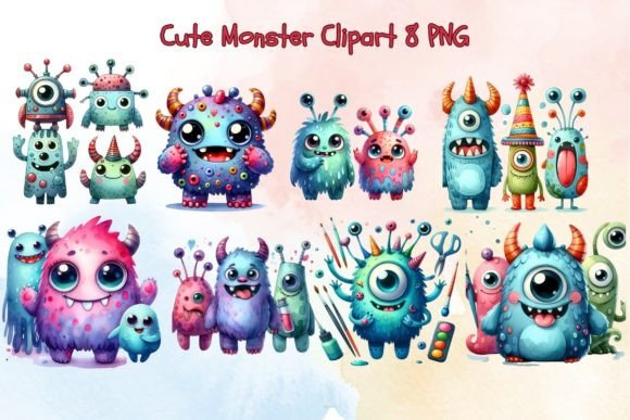 Watercolor Cute Monster Clipart Graphic Illustrations By palettplayground