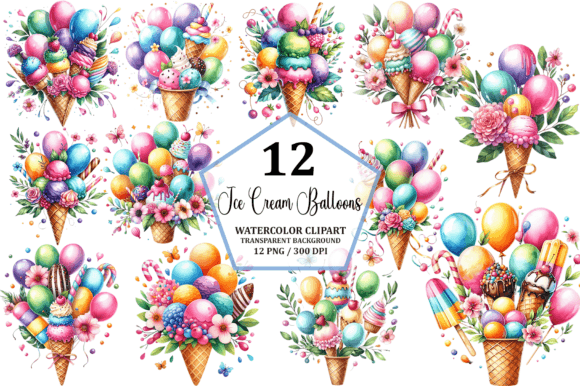Watercolor Ice Cream Balloons Clipart Graphic Illustrations By Pixelique
