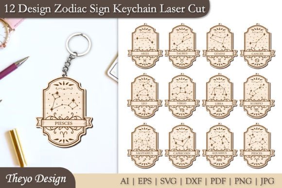 12 Design Zodiac Keychain Laser Cut Grafik Plotterdateien Von Theyo Design