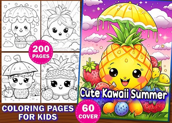 200 Cute Kawaii Summer Coloring Pages Gráfico Páginas y libros de colorear para niños Por Design Shop