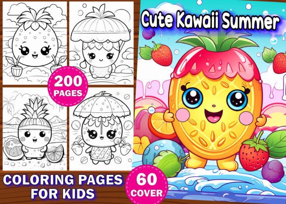 200 Cute Kawaii Summer Coloring Pages Gráfico Desenhos e livros para colorir para crianças Por Design Shop